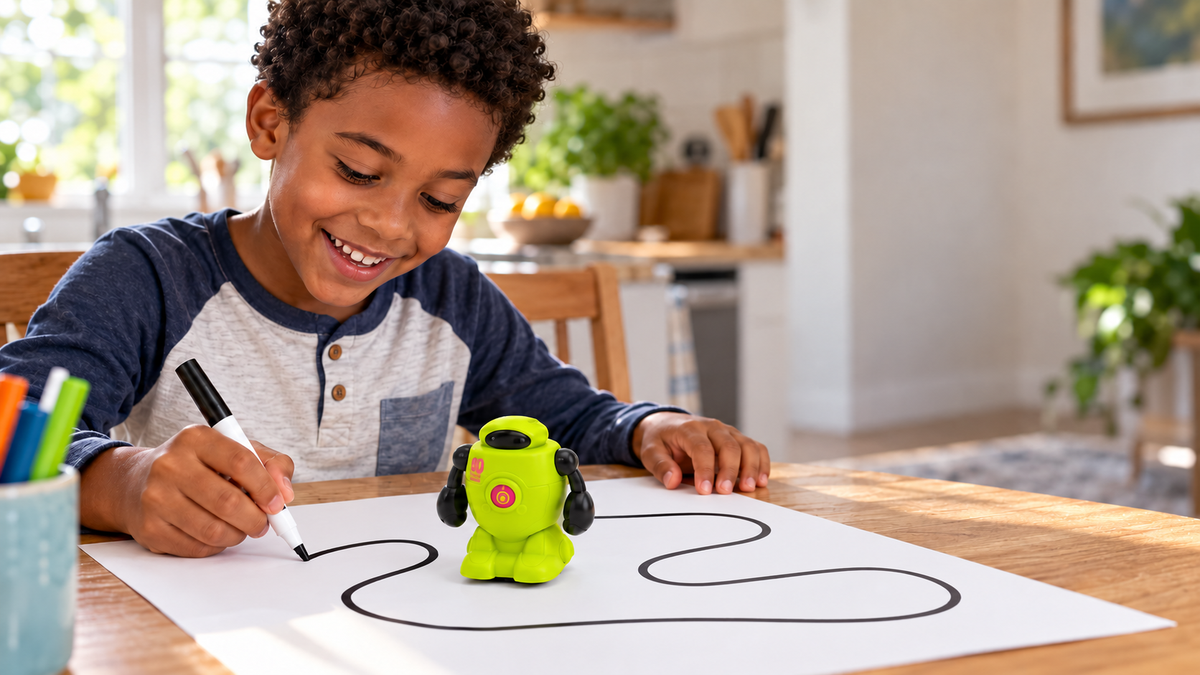 A boy drawing a black marker track on paper for a small green toy robot waiting at the end of the line