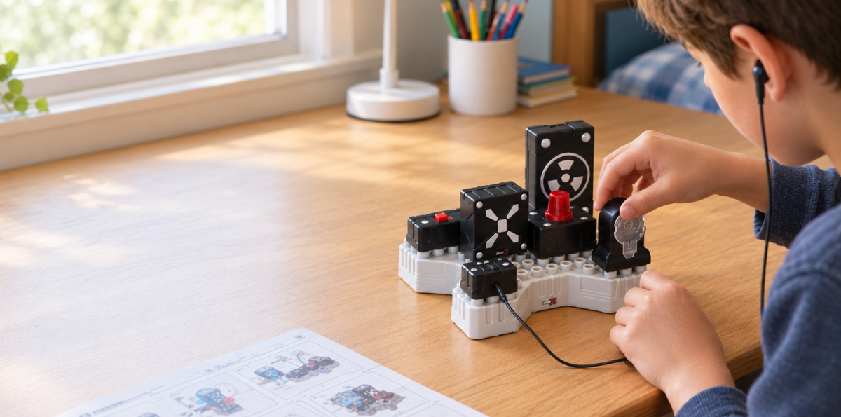 A child's hands assembling a build-it-yourself spy listening device kit on a bedroom desk.