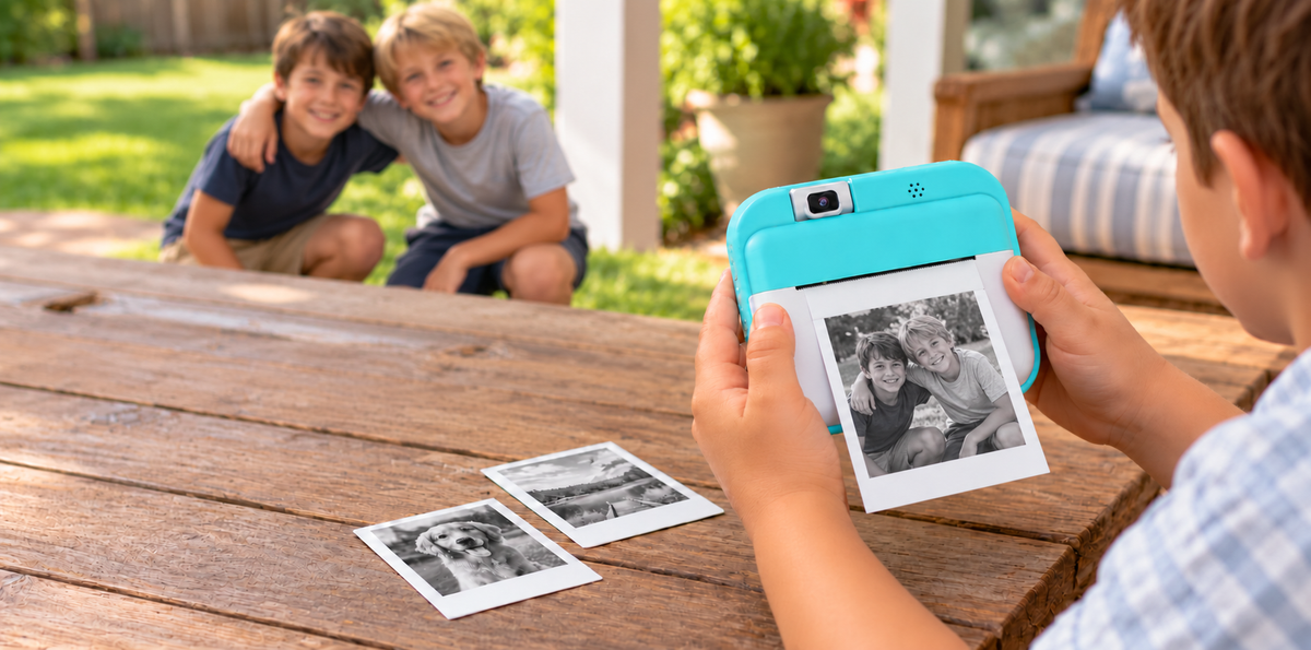 10 year old boy taking a photo of his friends with an instant print camera