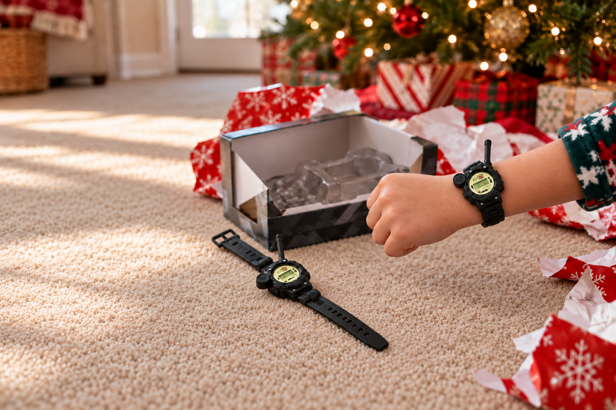 A child wearing a SpyX Wrist Talkie on Christmas morning, with the second one on the carpet beside the open box.