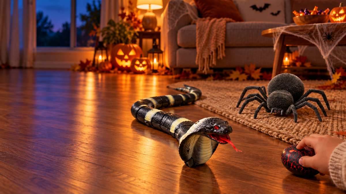 Remote control snake crossing a living room floor with a toy spider nearby, a kid holding the remote.