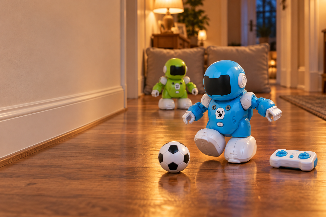 Two toy soccer robots playing a match down a hallway toward cushion goals.