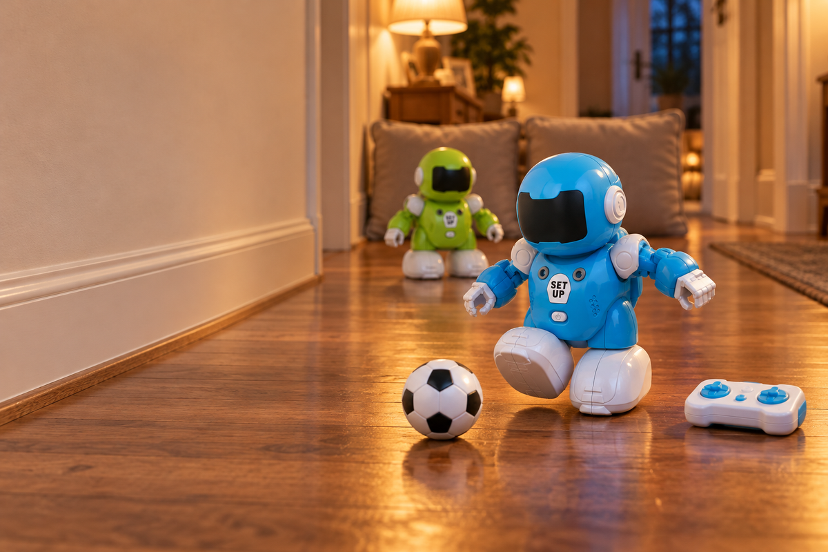 Two toy soccer robots playing a match down a hallway toward cushion goals.