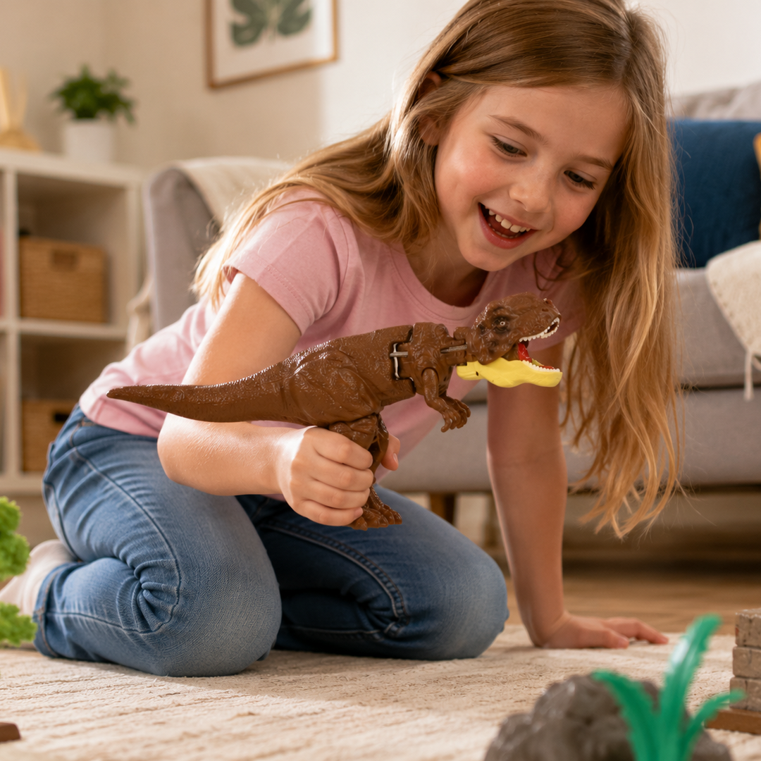 Young girl playing with a toy dinosaur in a living room.