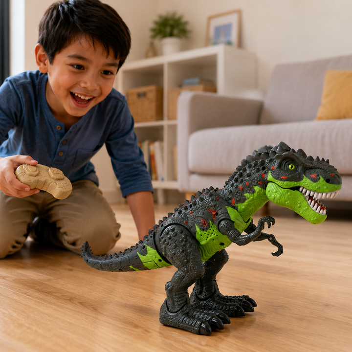 Child playing with Rampaging Rex dinosaur on a wooden floor in a living room.