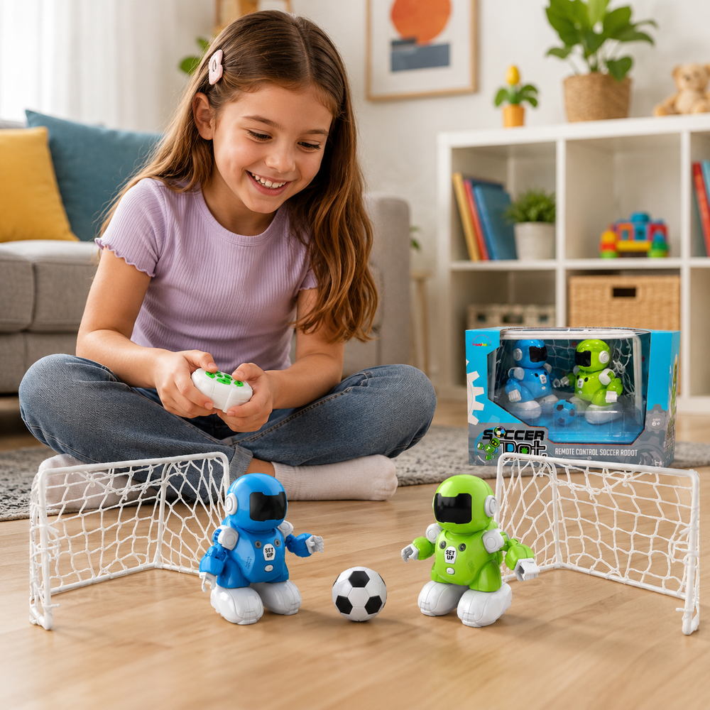 9 year old girl playing with soccer robots on a wooden floor